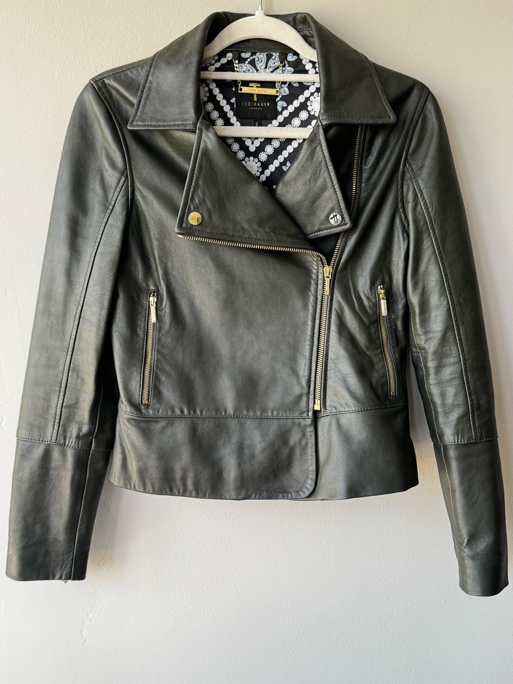 Ted Baker Olive Green Leather Moto Jacket with Gold Hardware